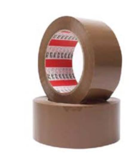 FPR1 tan rubber adhesive hand tape roll, 48mm x 100m, ideal for secure packing on various surfaces and conditions.