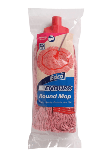 Edco Enduro Round Mop Head in red, 350g, features looped ends for efficient cleaning and complies with healthcare hygiene standards.