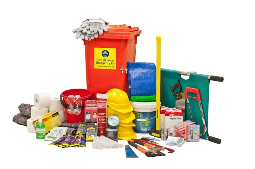 Civil Defence Mobile Kit for 4-20 people, featuring a sledgehammer, stretcher, helmets, and survival blankets for emergency preparedness.