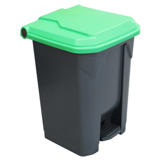 Richmond 50L pedal bin with green lid for touch-free waste disposal, made from durable eco-friendly HDPE material.
