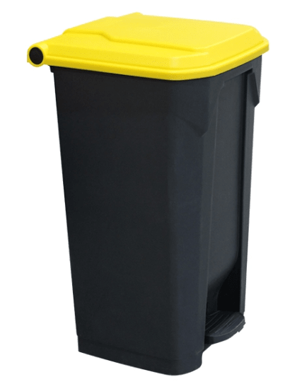Richmond 100L Pedal Bin with yellow lid, hands-free operation, durable HDPE, perfect for waste management and recycling.