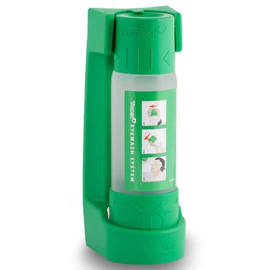 Tobin Eyewash Station with 500ml saline flask, compact design for easy access in emergencies, includes mounting hardware.