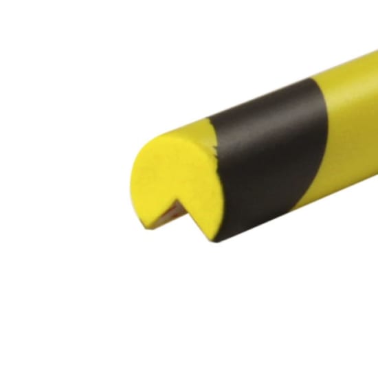PU Foam 90-degree edge protector in yellow and black, designed for safety against impact injuries, easy to install, fireproof, antibacterial.