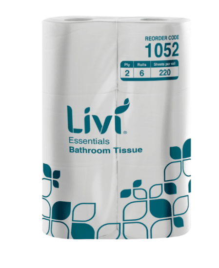 Livi Essentials 2-ply toilet paper roll pack of 6 with 220 sheets, designed for comfort and efficiency in high-traffic areas.
