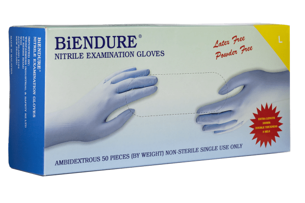 BiEndure Nitrile Gloves Powder Free Blue 300mm, (Pack of 50) - - L