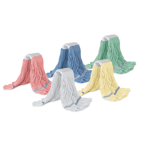 Yellow anti-tangle loop mop refill, 400g, designed for effective dirt pickup and maintaining clean surfaces effortlessly.