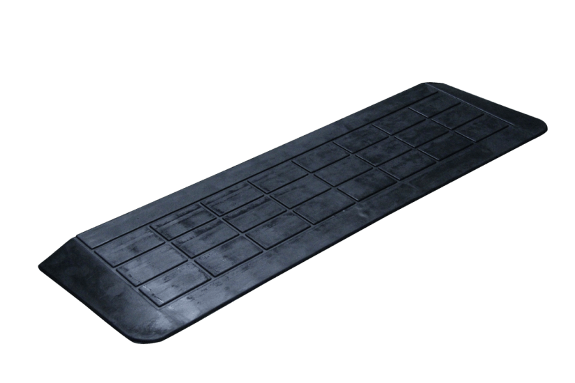 Heavy-duty black rubber access ramp measuring 900 x 200 x 25mm, featuring a ribbed surface for wheelchair and trolley safety.