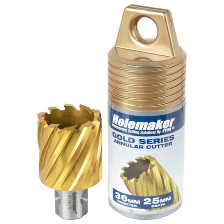 High-speed steel tin cutter, 36mmx25mm, features titanium nitride coating for reduced friction and durable, burr-free cuts.