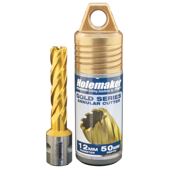 Premium 12mm x 50mm tin cutter made of high-speed steel, featuring a titanium coating for durability and precision cutting.