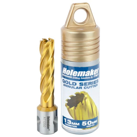 High-speed steel tin cutter with Titanium Nitride coating, designed for precision cutting and burr-free holes.