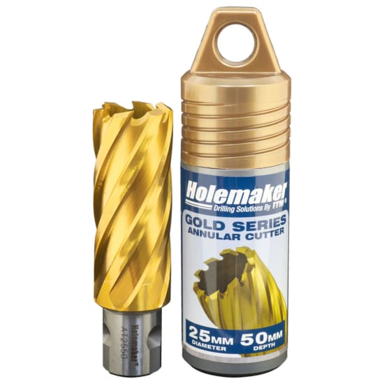 High-speed steel 25mm x 50mm annular cutter with titanium nitride coating for durability and smooth cutting performance.