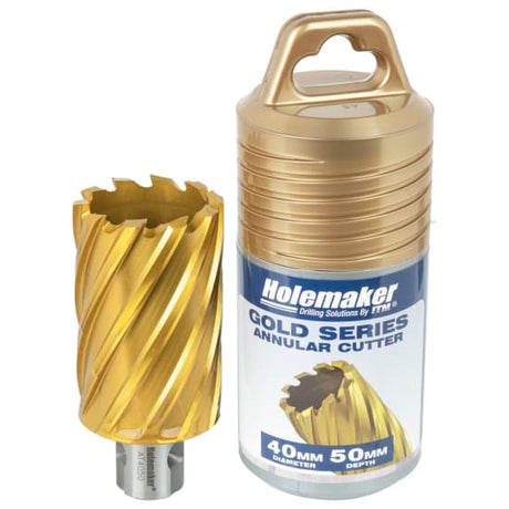 High-speed steel tin cutter (40mm x 50mm) with TiN coating for durability, precision, and burr-free holes in metalworking.