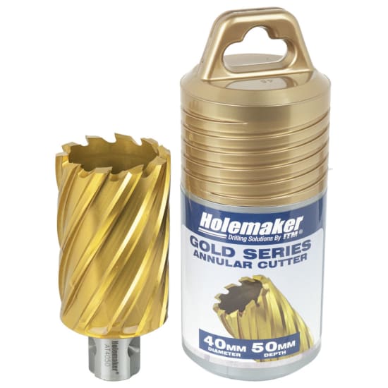 High-speed steel tin cutter (40mm x 50mm) with TiN coating for durability, precision, and burr-free holes in metalworking.