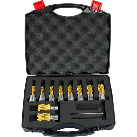 11-piece Holemaker Uni Shank Tin Cutter Set with multiple sizes for clean, precise cuts in tin and metal materials.