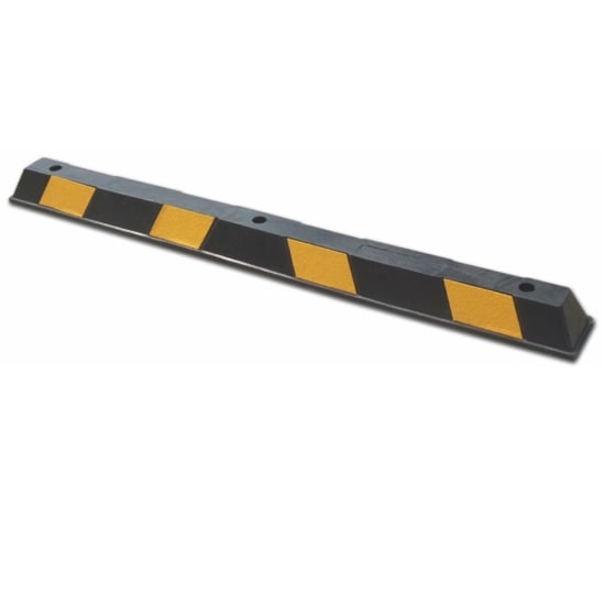 Heavy-duty rubber wheel stop, 1650x160x100mm, with reflective yellow tape for safety, ideal for parking management.