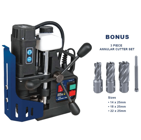 Holemaker MagBase Pro35 Drill 920W, a compact magnetic drill with coolant system, dual rail slide, and versatile cutter set, ideal for professionals.