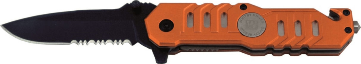 Whitby Safety Knife in orange, 4.5 inches long, features a secure grip, part-serrated black stainless steel blade, and emergency tools.