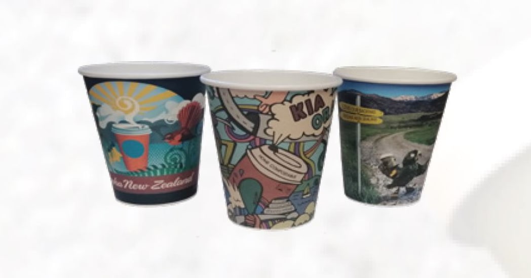 Kiwiana compostable paper hot cups (300ml) in a 50-pack, featuring eco-friendly design and durable, compostable materials.