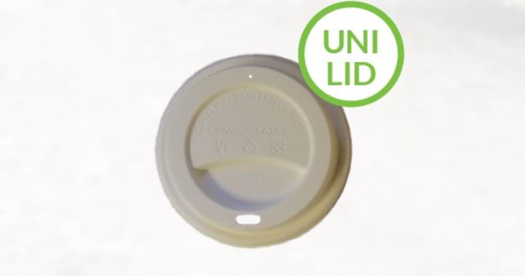 Hutamaki Kiwiana compostable sugarcane lid, 90mm, 50-pack, eco-friendly design for hot cups, perfect for sustainable beverages.