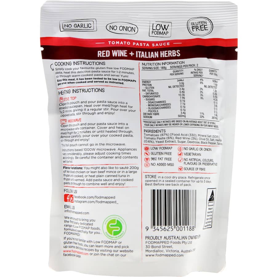 Fodmapped Pasta Sauce Red Wine Gluten Free Pouch 375g