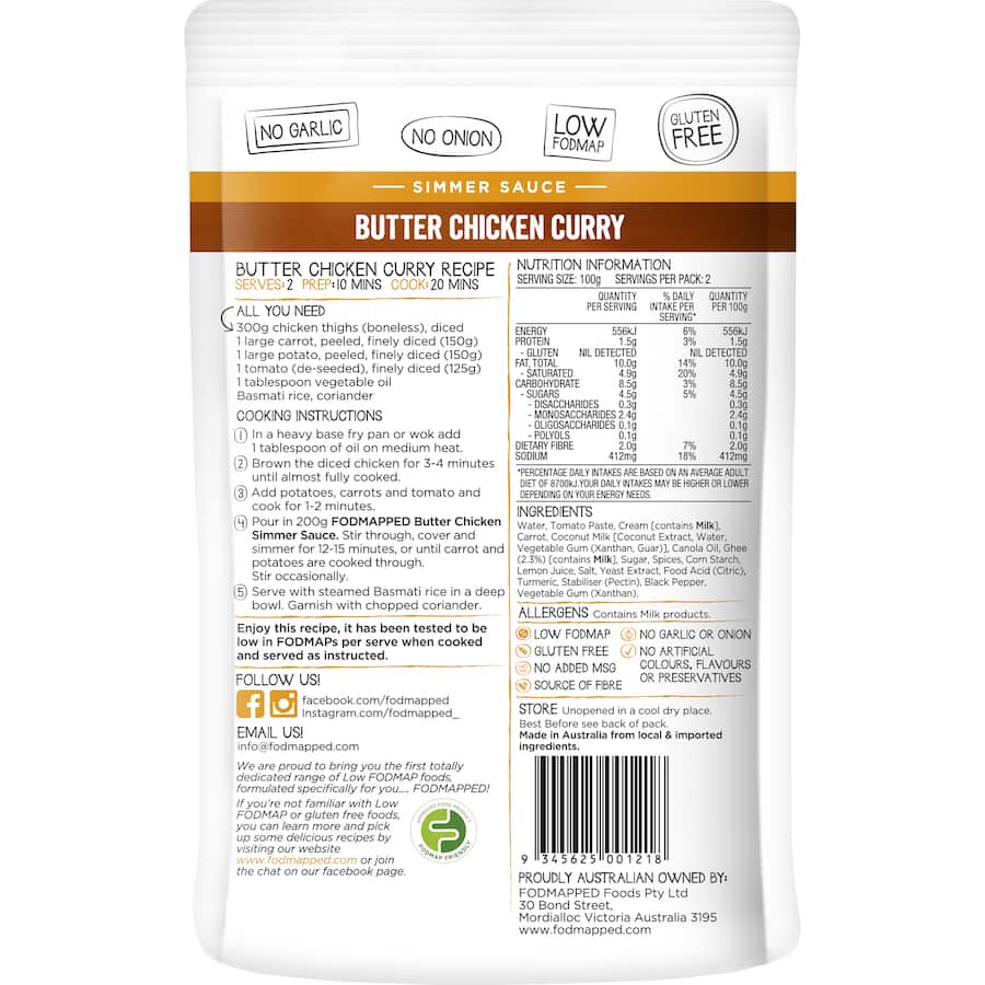 Fodmapped Simmer Sauce Butter Chicken Gluten Free Pouch 200g