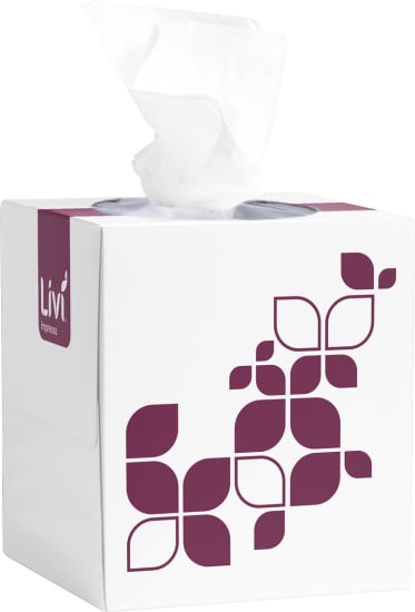 Livi Impressa Facial Tissue Cube featuring 65 soft, absorbent 3-ply sheets in a stylish cube, ideal for home or office use.