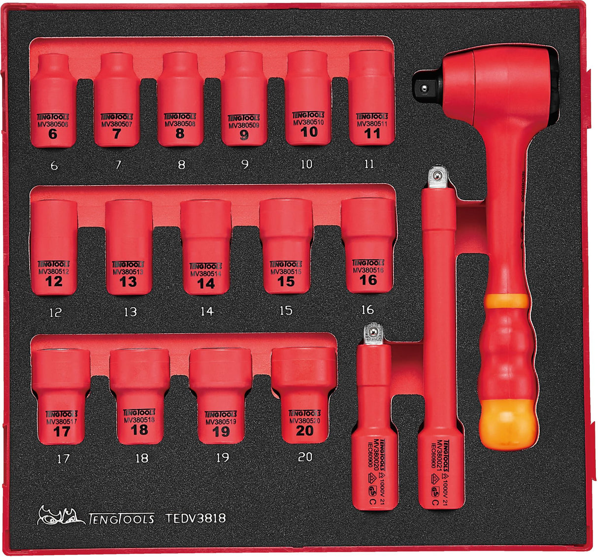 Teng 1000V VDE Dr. Insulated Socket Set- TED Tray 3/8" 18 Piece (Set)