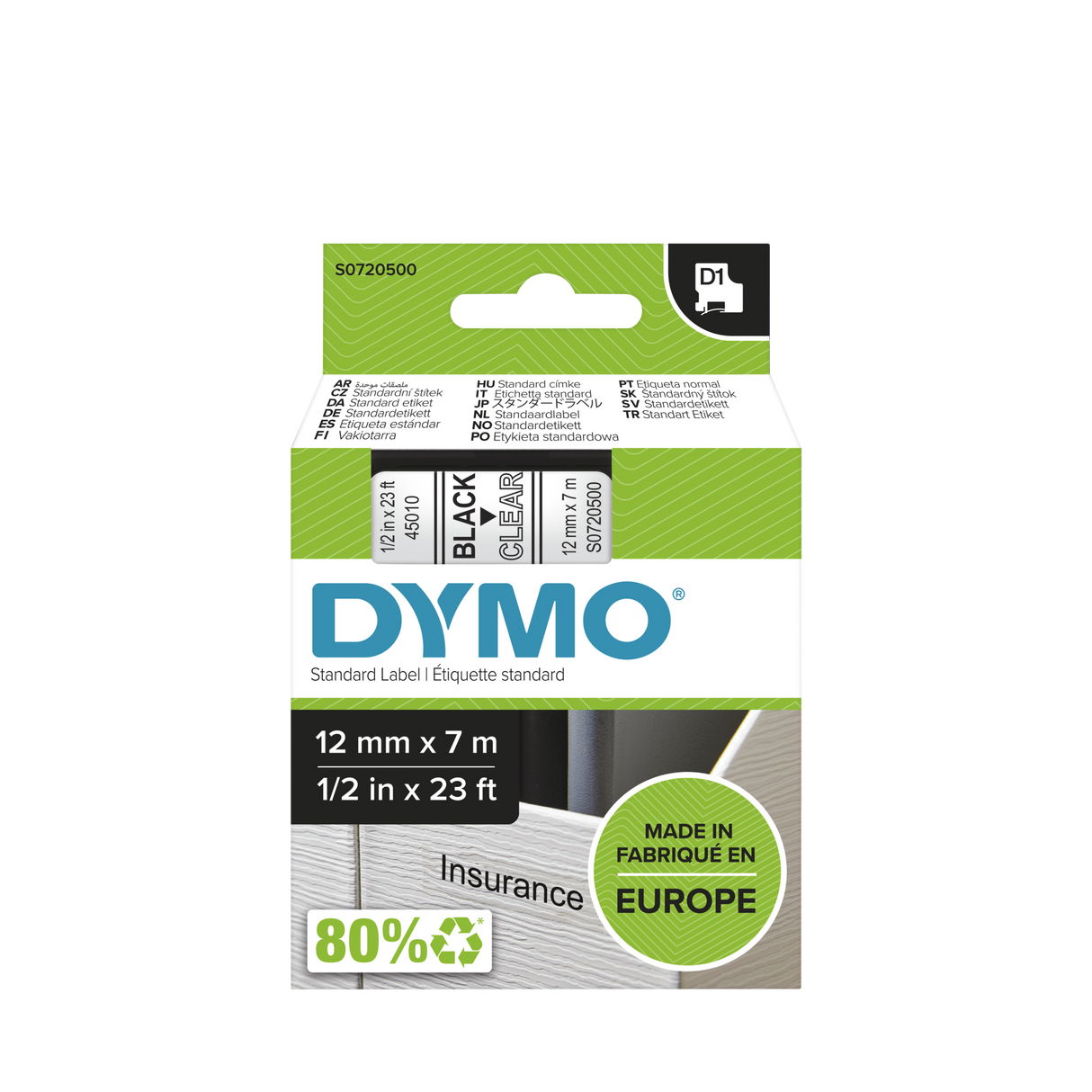 Dymo D1 Labelling Tape Black On Clear 12mm x 7m (Pack)