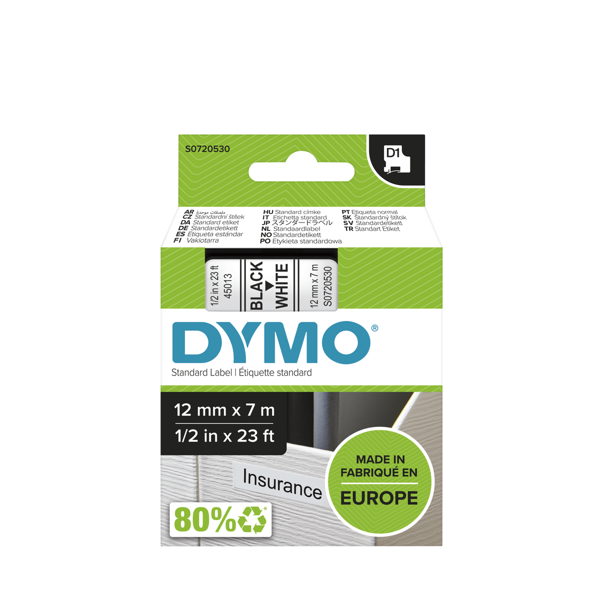 Dymo D1 Labelling Tape Black on White 12mm x 7m (Pack)