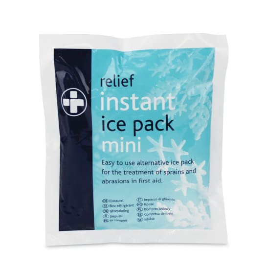 Compact disposable ice pack for quick relief of sprains and strains; activates instantly by squeezing, safe and ammonium nitrate-free.