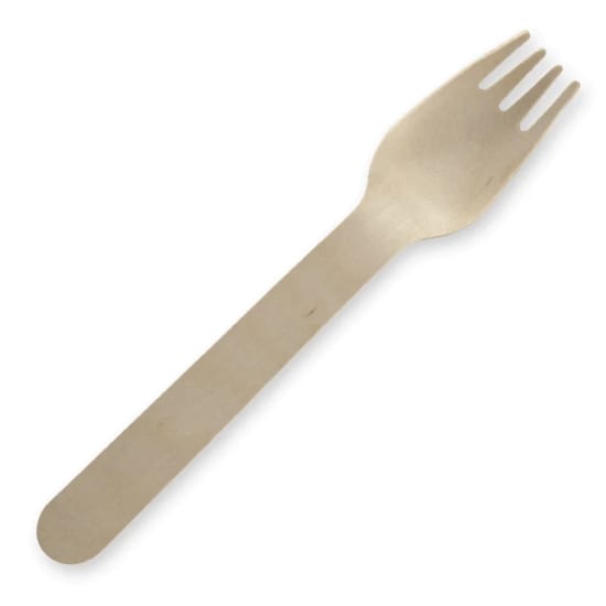 Eco-friendly 16cm wooden forks made from FSC certified birchwood, perfect for events and takeaway, in a case of 2000.