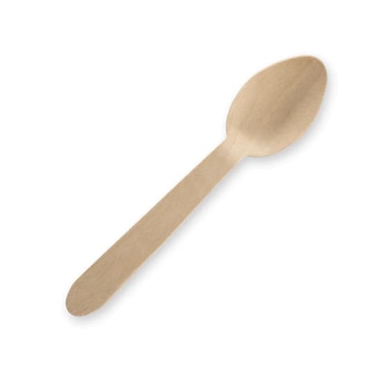 Eco-friendly 10cm wooden teaspoons made from FSC certified birchwood, ideal for events and compostable after use. Case of 5000.