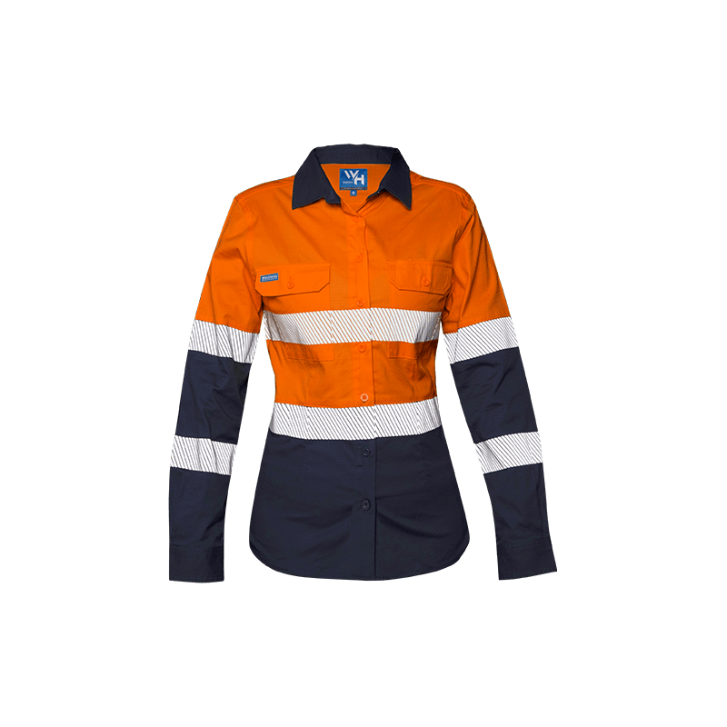 Workhorse, Women's Hi Vis Stretch Ripstop Shirt - Orange/Navy (Size: 08)