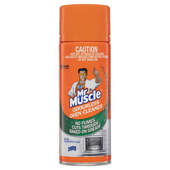 Mr Muscle Odourless Oven Cleaner 300G, a non-caustic, fume-free formula for eliminating baked-on grease and grime safely.