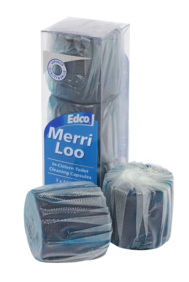 Edco Merri Loo toilet cleaner capsules in a pack of 3, dissolving blocks for fresh, hygienic toilets with every flush.