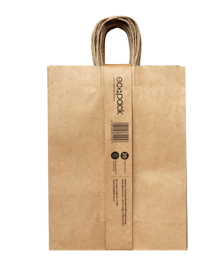 Medium twisted handle paper bags in a eco-friendly 25-pack, made from strong kraft paper, stylish for retail use.