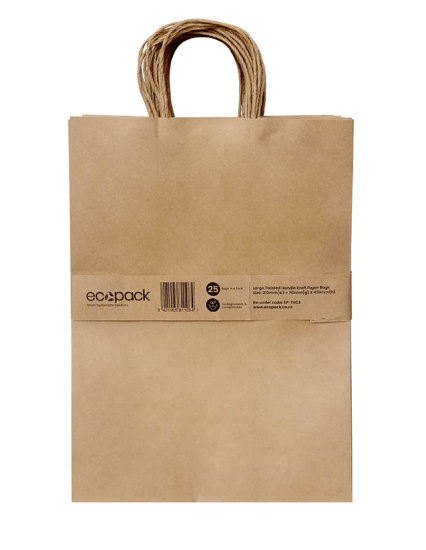 Large twisted handle paper bags in a 25-pack, made from eco-friendly brown kraft paper, ideal for gifts and retail use.