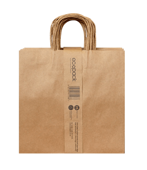 Extra wide twisted handle kraft paper bags, durable and eco-friendly, perfect for groceries and retail items in a 25-pack.