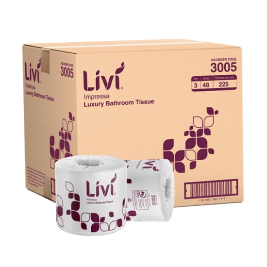 Livi Impressa 3-ply toilet paper rolls, 225 sheets each, ultra-soft, absorbent, and individually wrapped for hygiene. Case of 48.