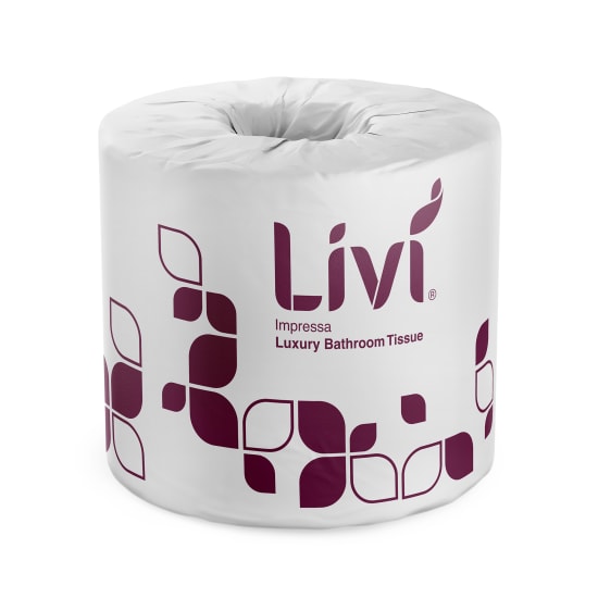 Livi Impressa 3-ply toilet paper roll with 225 soft, absorbent sheets; individually wrapped for hygiene and luxury.