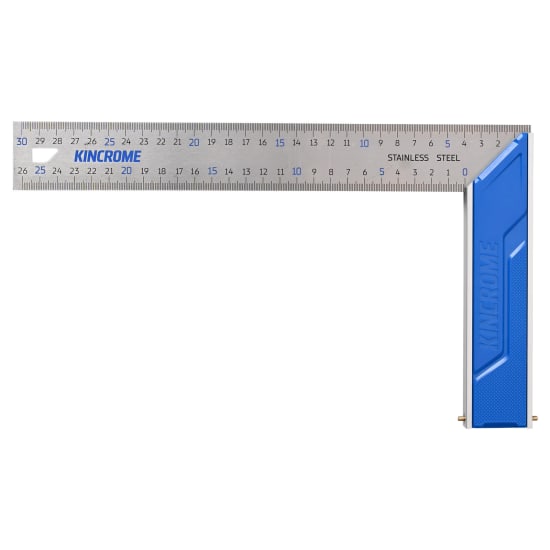 Kincrome 300mm Try Square with stainless steel blade, ergonomic aluminium handle, and brass pin for precision in woodworking.