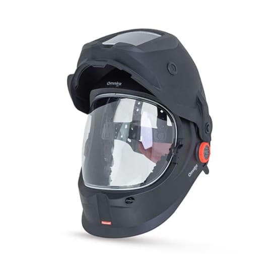 CleanAIR OmniraCombi welding helmet with flip-down visor, auto-darkening, adjustable airflow, and magnifying lens attachment.