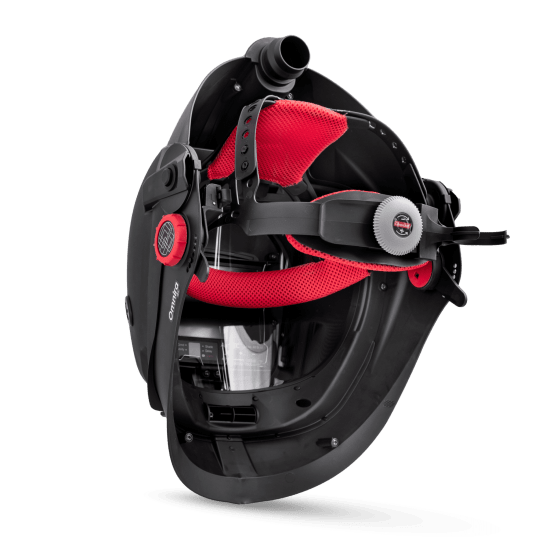 CleanAIR OmniraCombi welding helmet with flip-down shield, auto-darkening feature, adjustable airflow, and snug head harness.
