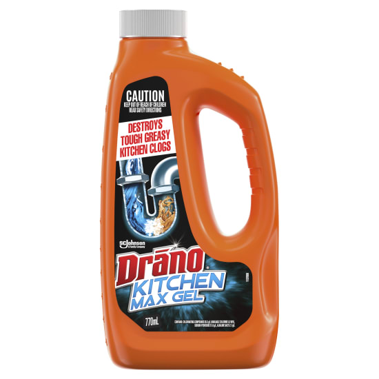 Drano Kitchen Max Gel 770ml bottle designed to clear tough kitchen clogs and eliminate odors, safe for all plumbing.
