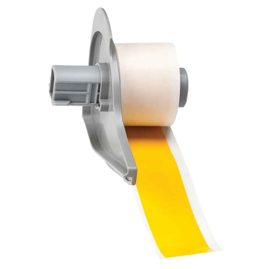 Yellow BMP71 indoor/outdoor vinyl tape, 1" x 50', designed for durable labeling with strong adhesive for harsh environments.