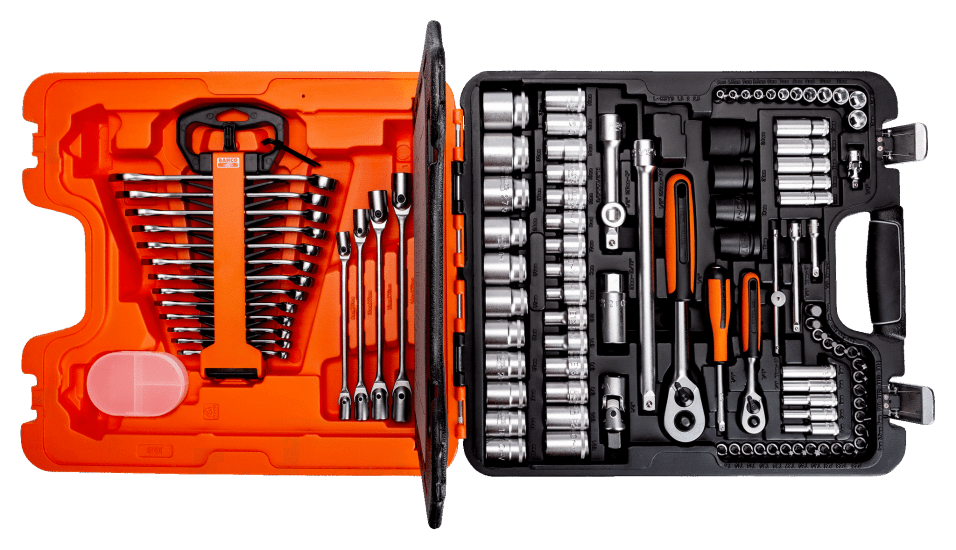 Bahco 108-piece socket set with 1/4" and 1/2" drives, featuring durable alloy steel sockets and versatile accessories.