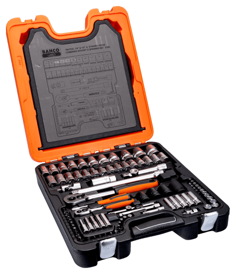 Comprehensive 108-piece Bahco square drive socket set with durable alloy steel sockets and organized in a removable plastic case.