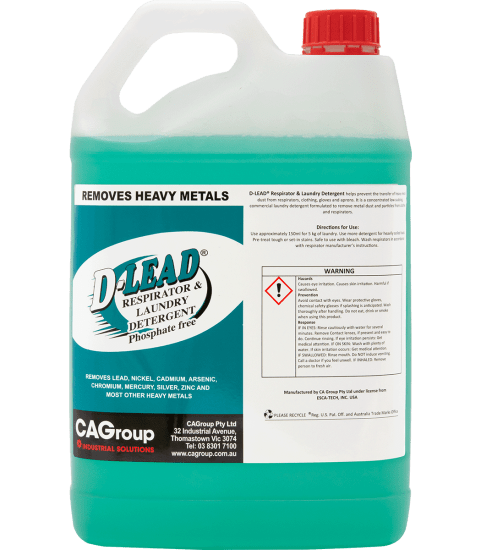 D-Lead 5L laundry detergent effectively removes metal particles and grime from work apparel and PPE for safer cleaning.