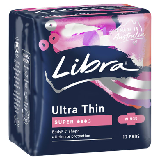 Libra Ultra Thin Super Pads with Wings in a carton, 72 total, designed for comfort, super absorbency, and leak protection.