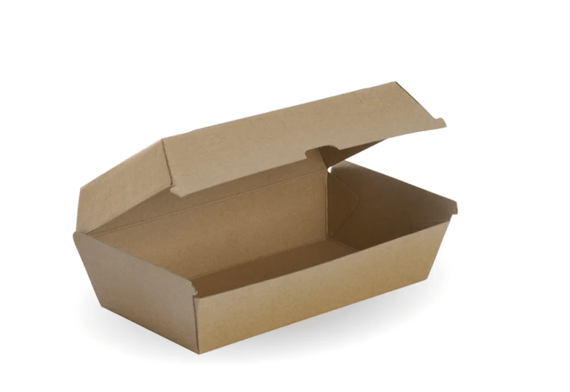 Eco-friendly Biopak clam shell snack box, 50-pack, ideal for transporting large meals with a convenient carry handle.